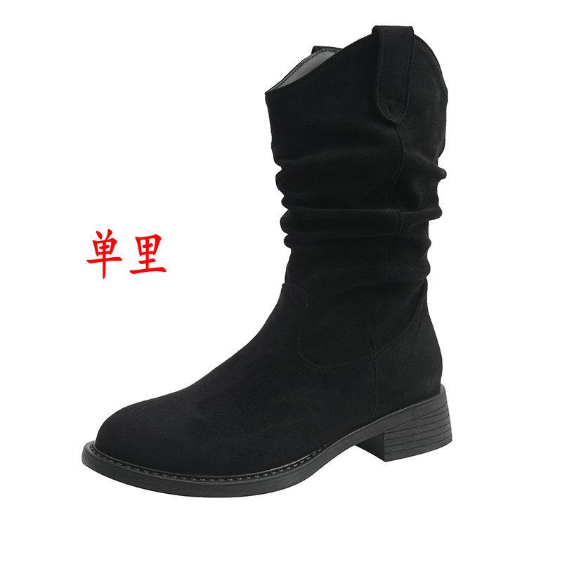 

Vintage suede western cowboy boots pleated stacking boots thick legs big tube circumference Martin boots large size women s shoes 35