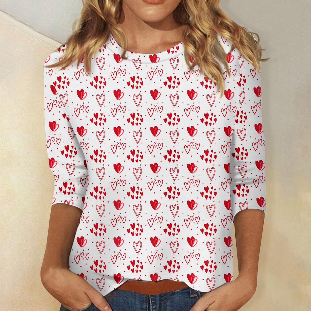 Women's Tops Three-quarter Sleeve Valentine's Day Shirt Round Neck Loose Casual Shirt