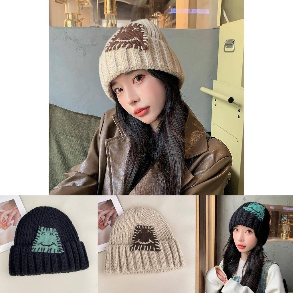 Expression Pattern Embroidery Knit Hat Women Autumn Winter Warm Thick Earmuff For Casual Outdoor Use