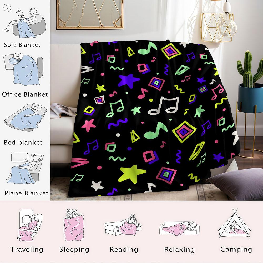 Neon Music Doodle Flannel Blanket Warm Soft Halloween Christmas Decorative Couch Warm Cozy All-Season Gift