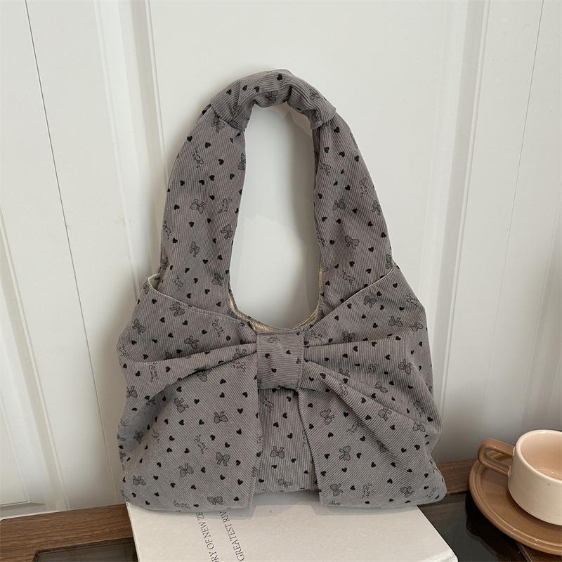 Bow Heart Polka Dot Corduroy Shoulder Bags for Women Large Capacity Ladies Casual Tote Lightweight Female Underarm Bag Handbags