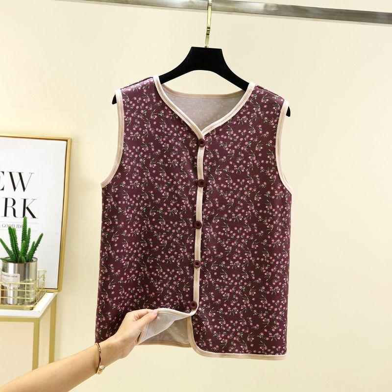 and Winter Dralon Floral Vest Women Double-sided Fleece Lined Sanded Placket Waistcoat Plus size Middle-Aged and Elderly Outdoor Cold-Proof Vest