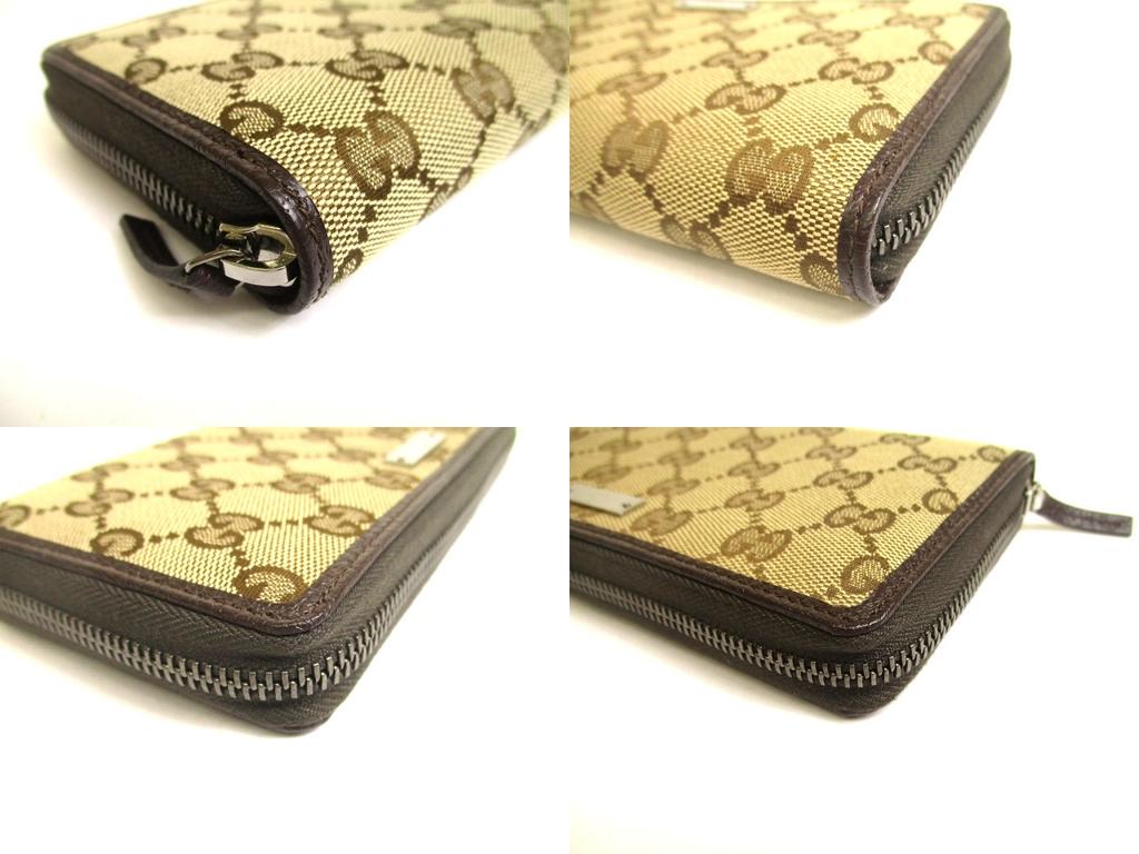 Authentic GUCCI GG Brown Canvas White Leather Round Zip Long Wallet #a695  Refurbished