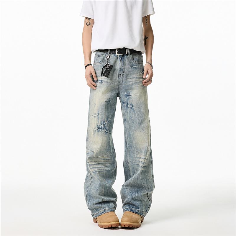 American high street washed cracked jeans men's and women's spring new retro old straight versatile casual pants