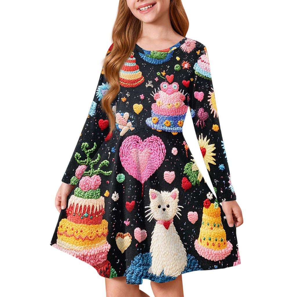 Sommer-Prinzessinnenkleid für Mädchen, Langarm A-Linien T-Shirt-Kleid Valentinstag