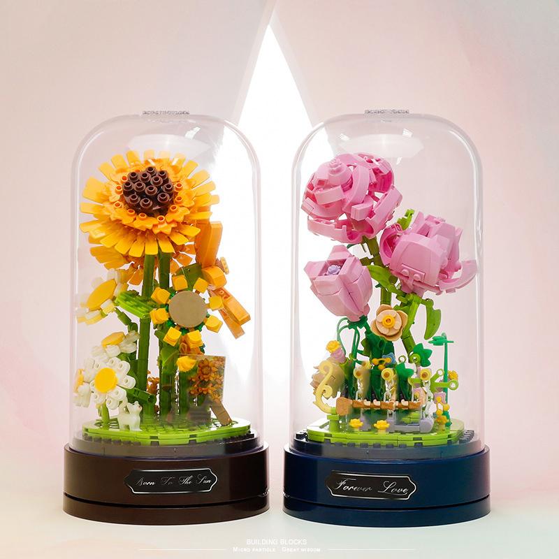 Creative Building Bricks Eternal Flowers Music Box With Dust Cover Chrysanthemum Rose Mini Block Construction Toys For Girl Gift