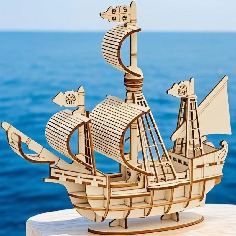Children's Wooden Ship Model Assembled Toy Jigsaw Puzzle 3d Three-dimensional Educational Sailboat Model Parent-child Manual.