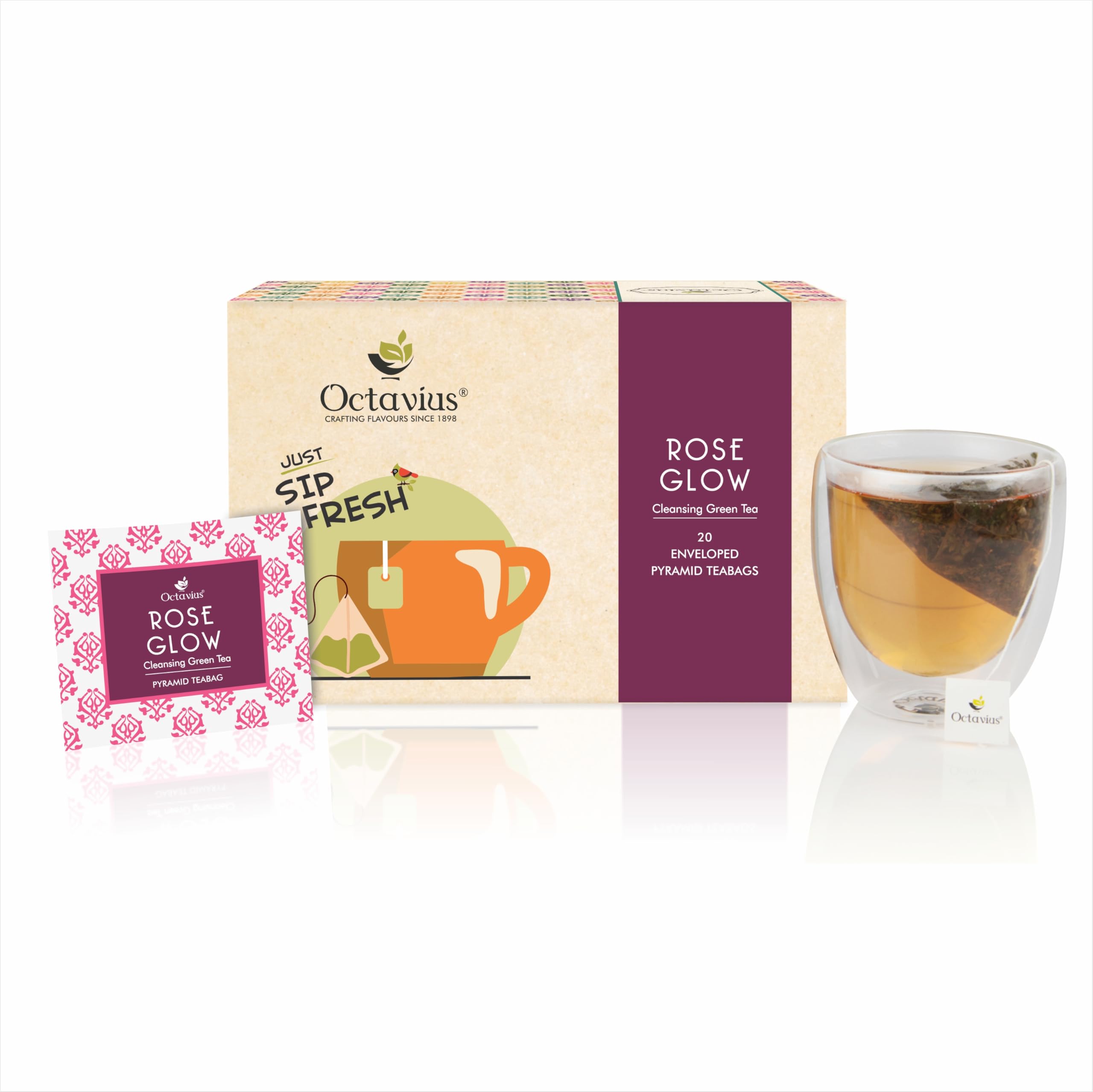 Octavius Rose Glow Cleansing Green Tea - 20 Enveloped Pyramid Tea Bags | Detoxifying Rose Green Tea in Easy to Use Premium Teabags