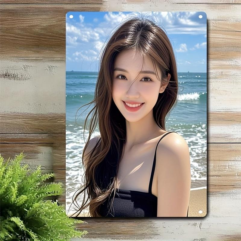 

Metal Wall Art Sign Korean Style Female Face with Black Dress Ocean Waves Home Decor небо синє кольору