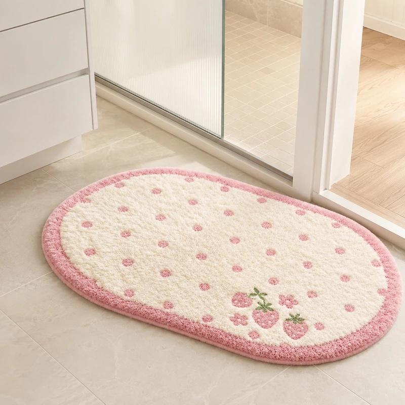 Cute Strawberry Non-Slip Bath Mat Soft Plush Absorbent Polka Dot Shower Rug for Bathroom Home