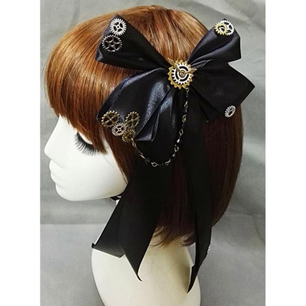 Steampunk Gear Bowknot Hair Clip for Female LolitaStyle Black Ribbon Hairclip Girl Hairstyle Accessories Costume Hairpin
