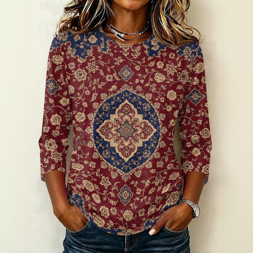 Camiseta Informal para Mujer con Cuello Redondo, Manga Tres Cuartos, Estampado Floral, para Uso Diario, Tejido Ligero y Suave, Diseño de Corte Holgado