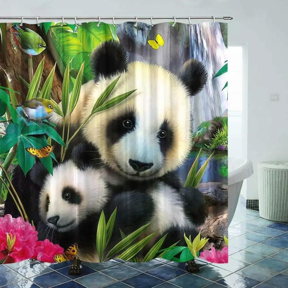 Panda Bamboo Shower Curtain, Cartoon Funny Cute Blue Sky Rainbow Kids Bamboo Forest Animals Birds, Bathroom Decorative Fabrics