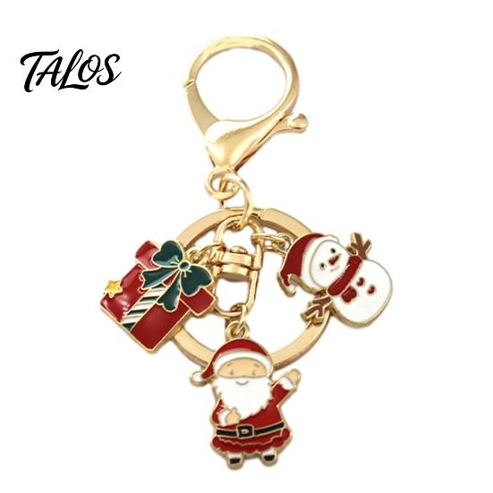 Christmas Ornament Santa Tree Snowman Keychain, Golden Plated Zinc Alloy Holiday Theme Keychain Handbags Decorative Accessory with Lobster Clasp Charm