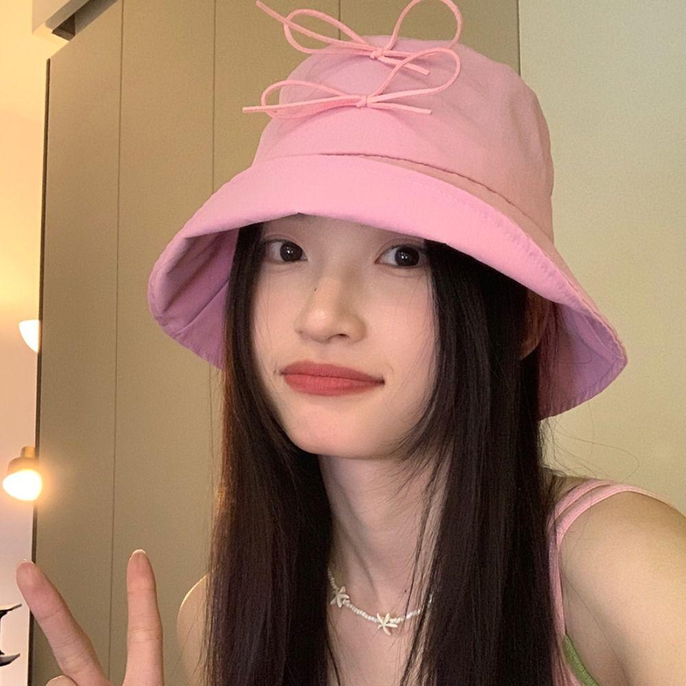 Solid Color Bow Bucket Hat Sunscreen Canvas Basin Hat Travel Bowknot Fisherman Hat  Famale