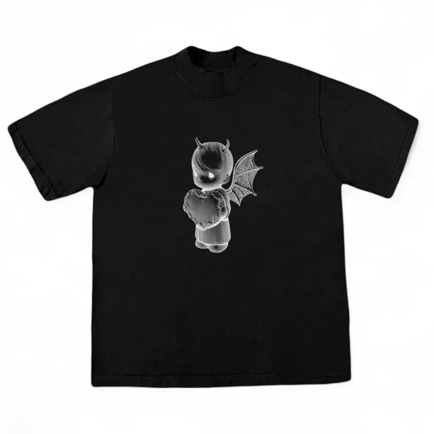 

2025 Hot New Arrive Style Cute Angel Doll Short-sleeved T-shirt Black Tops Cotton Casual Breathable Fashion Tops Tees S чёрный
