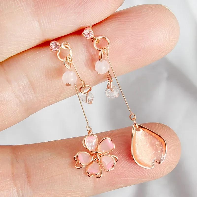 Forest Enamel Asymmetrical Cherry Blossom Earrings Fashionable and Elegant Girl Flower Earrings 925 Silver Needles Jewelry Gift