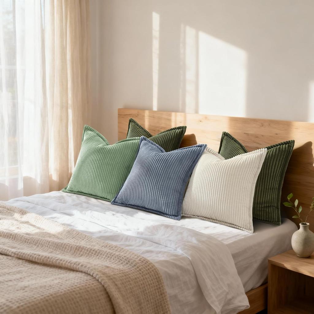 Green Corduroy Throw Pillow Covers 18x18 Inch Striped Decor Pillowcase for Living Room Bed Soft Couch Cushion Cover for Sofa