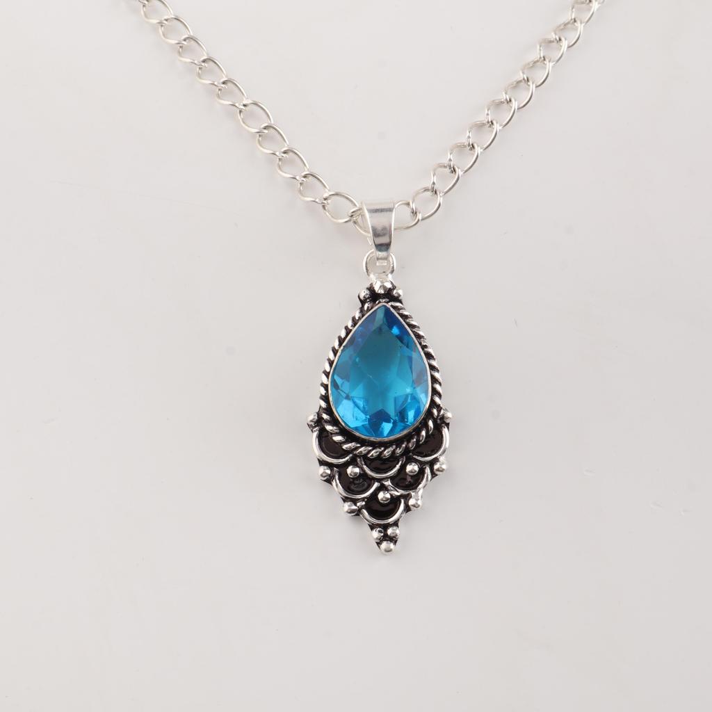 Swiss Blue Topaz Gemstone 925 Sterling Silver Jewelry Statement Designer Pendant 1.5" For Her PP-70-13