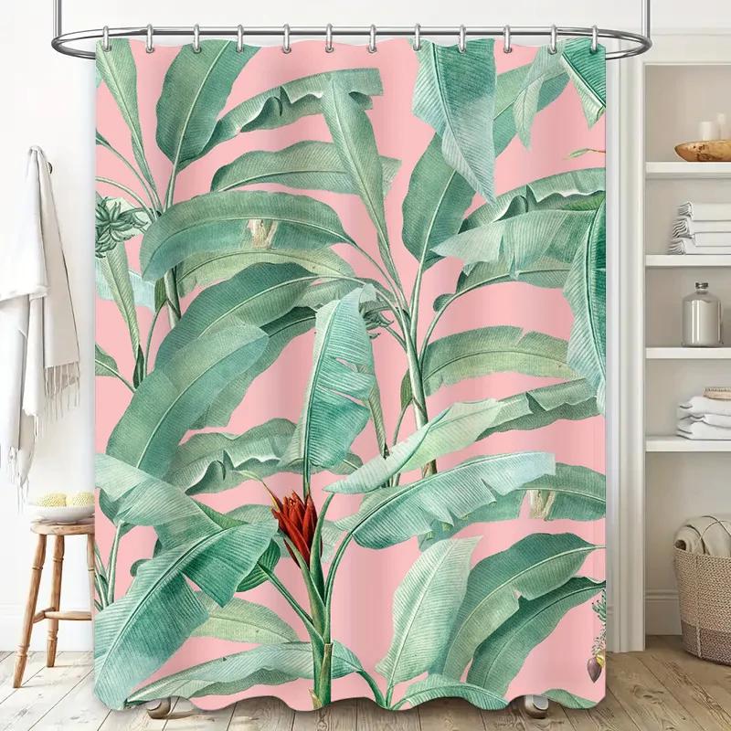 

Tropical Green Leaves Shower Curtain Pink Bath Rug Design Polyester Waterproof Bathroom Decor W90xH180cm