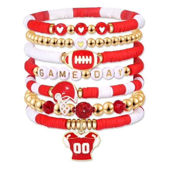 Game Day Bracelets Stackable Sports Football Charm Bracelets Elasticated Football Themed Bracelets Set for Women Men Football Fans Boho Summer