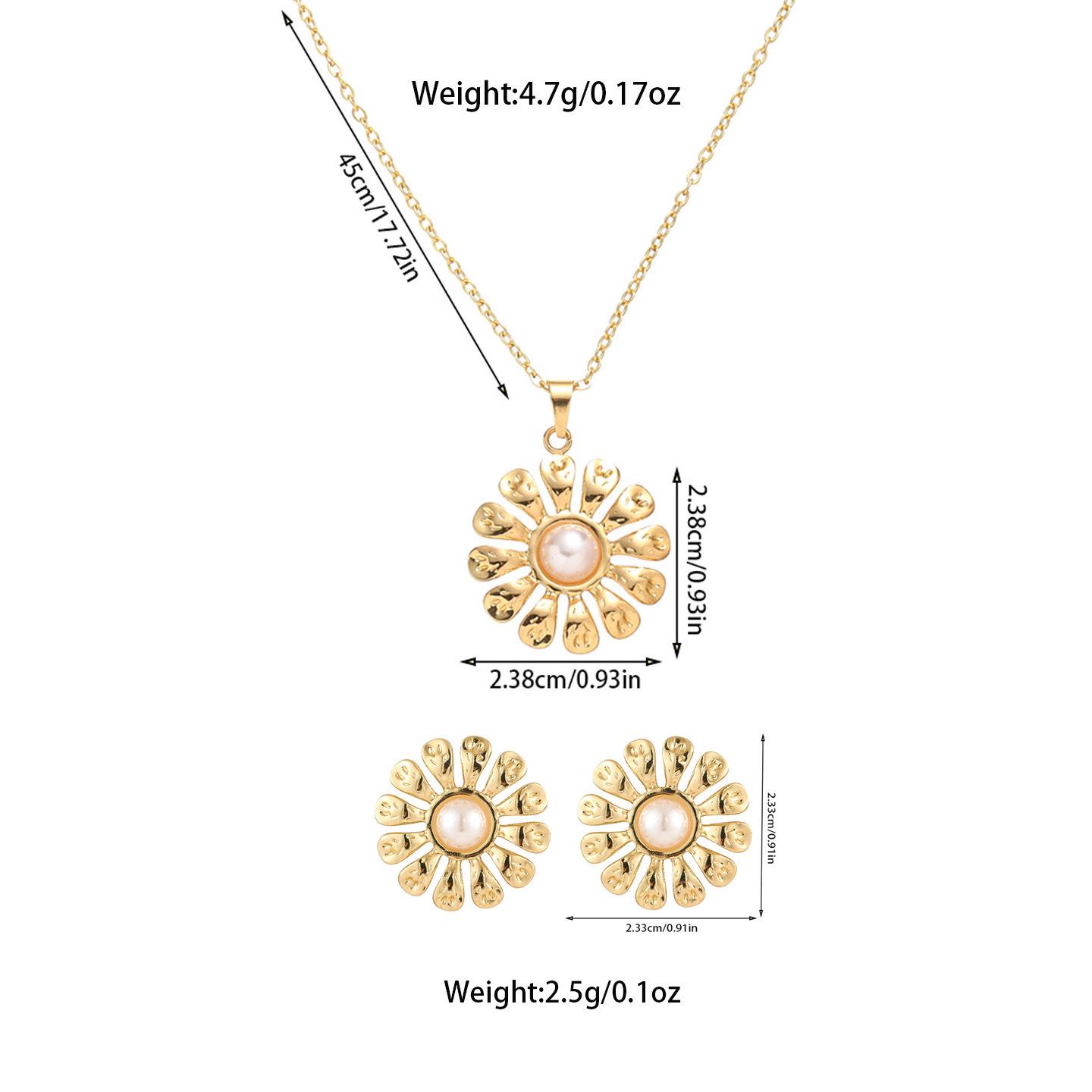 European & American Sunflower Pearl Titanium Steel Necklace & Earring Set - Light Luxury, Non-Fading.
