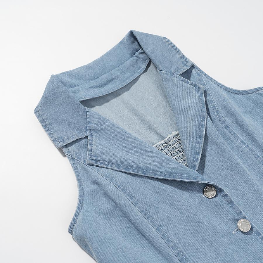 Dames Turn-down Kraag Mouwloos Denim Maxi Jurk Slim Fit Hoge Taille Streetwear Hemd Jurk