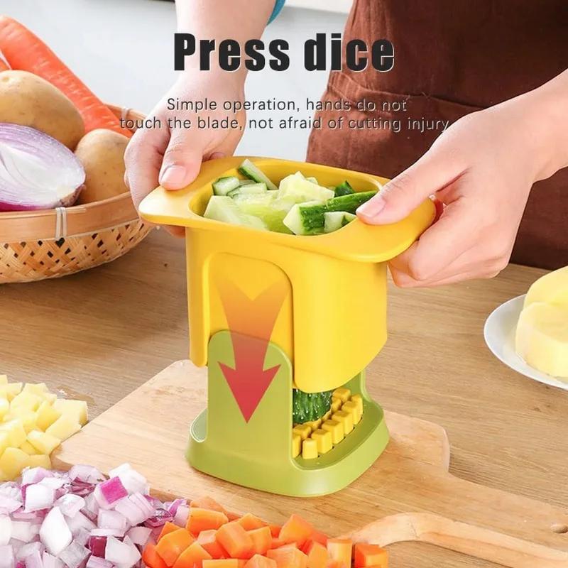 2 em 1 Cortador de Legumes Ferramenta de Corte em Cubos Pressão Manual Batata Cenoura Cebola Cortador Fatiador Chopper Chips Caixa de Corte Gadgets(Branco amarelado)