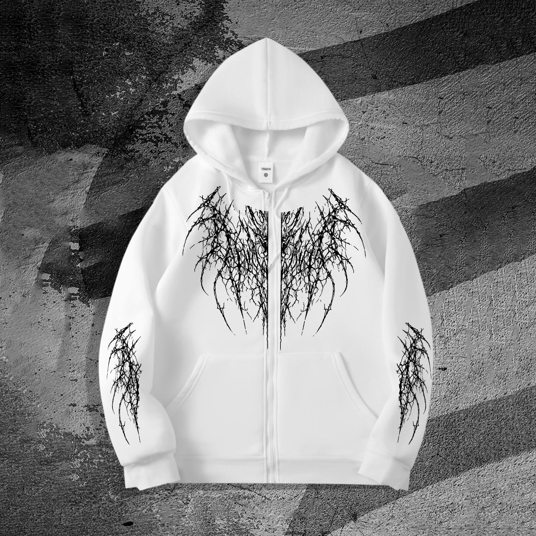 

Zip-Up Hoodie, Dark Gothic Thorn Print Zip-Up Hoodie for Men and Women, Hip-Hop High-Street Oversized Casual Cardigan XXL білий