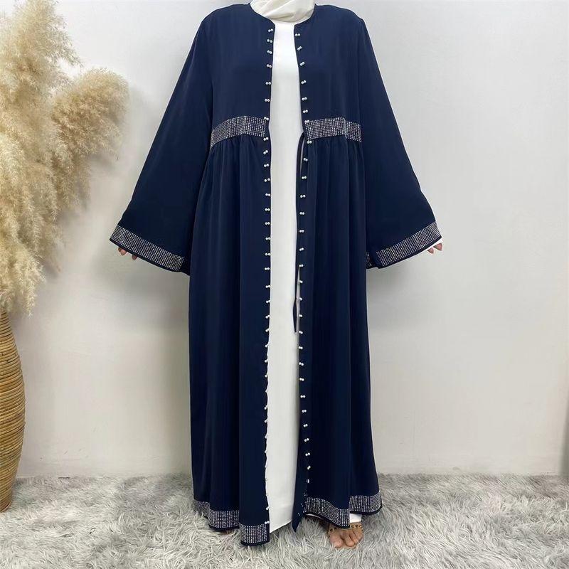New Arrival Middle East Pure Color Hot Drilling Beading Shoelace Cardigan Robe Dress Lace up Cardigan Dress