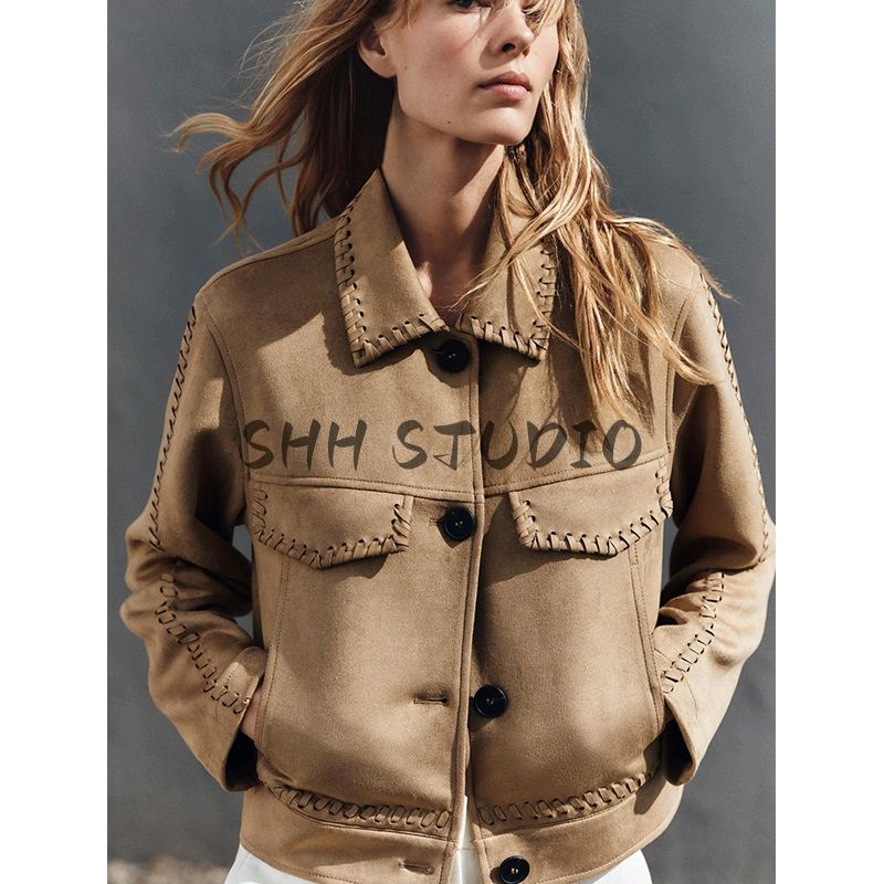 Spring Women clothes Lapel Long sleeve Woven Details Decorative Suede Texture Effect Jacket 6318037