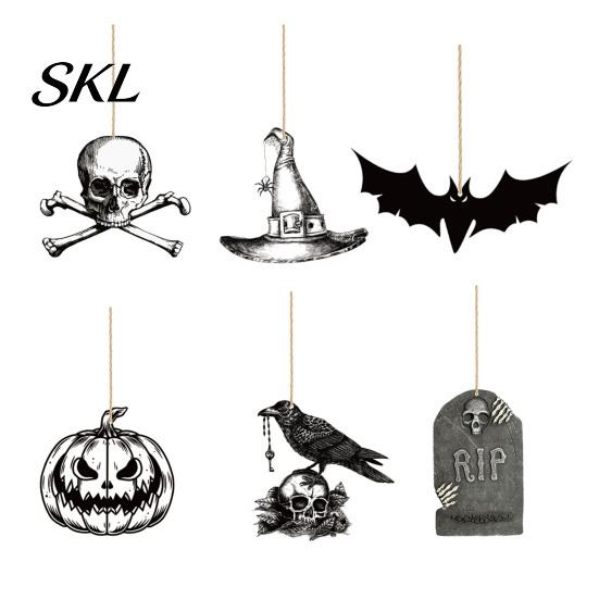 Spooky Party Decorations 6Pcs Halloween Wooden Hanging Decoration, Ghost Pumpkin Eyeball Themed Decoration Ornament with Rope, Holiday Decor Wall