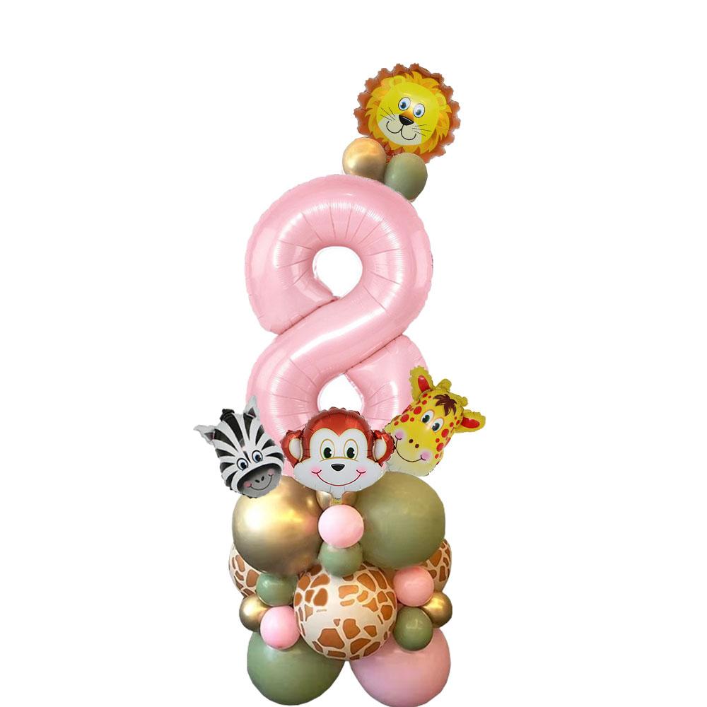 1set Carton Animal Balloon Tower with Pink Number Balloon for Girl's Wild One Themed Jungle Safari Birthday Party Decorations