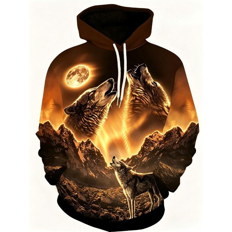 American Men's Autumn Moon Wolf Roar Print Comfortable Soft Hooded Sweatshirt Long Sleeved T-shirt Outdoor City Street Style Top