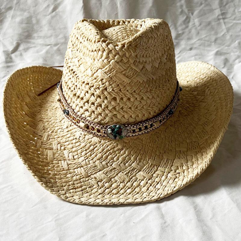 Handmade Woven Cowboy Straw Hat with Large Brim Design Men Women Outdoor Sunshade Fashion Decorative Band Ethnic Style Beach Hat