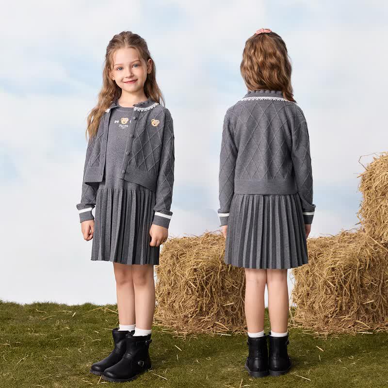 PawinPaw Girls' Cartoon Bear Dress & Cardigan Sweater Set