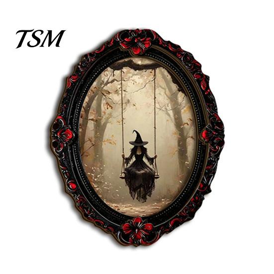 Vintage Halloween Theme Home Ornaments Magnetic Fridge Magnet, Ghost Witch Photo Frame, Wooden Refrigerator Magnets Frame Decoration, Atmospheric Dark