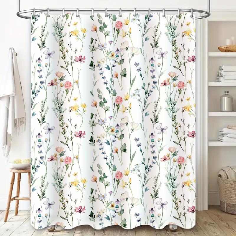 Tenda da Bagno Floreale ad Acquerello: Fiori Eleganti Foglie Decorazione Doccia Rosa Giallo Verde Bianco Sfondo Modello Tessuto Bagno W