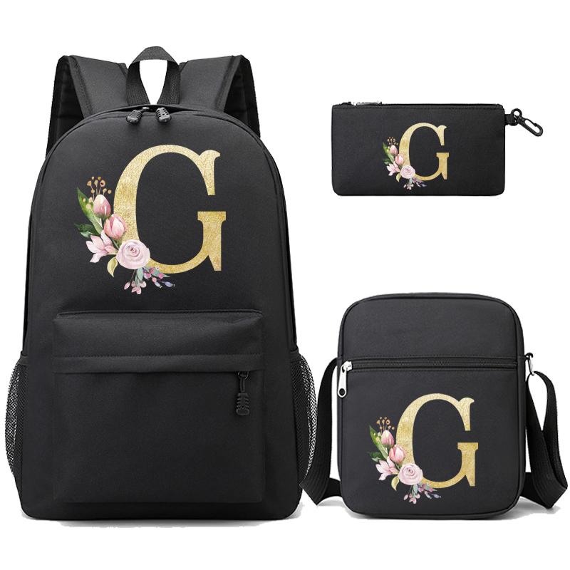 26 English Letters Black 3Pcs Backpack Cosplay Canvas Children Kids Schoolbag Travel Bag Back To School Bookbag for Boys and Girls
