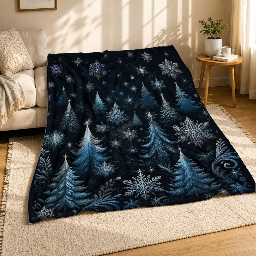 Icy Christmas Trees And Snowflakes Coral Fleece Blanket Holiday Throw