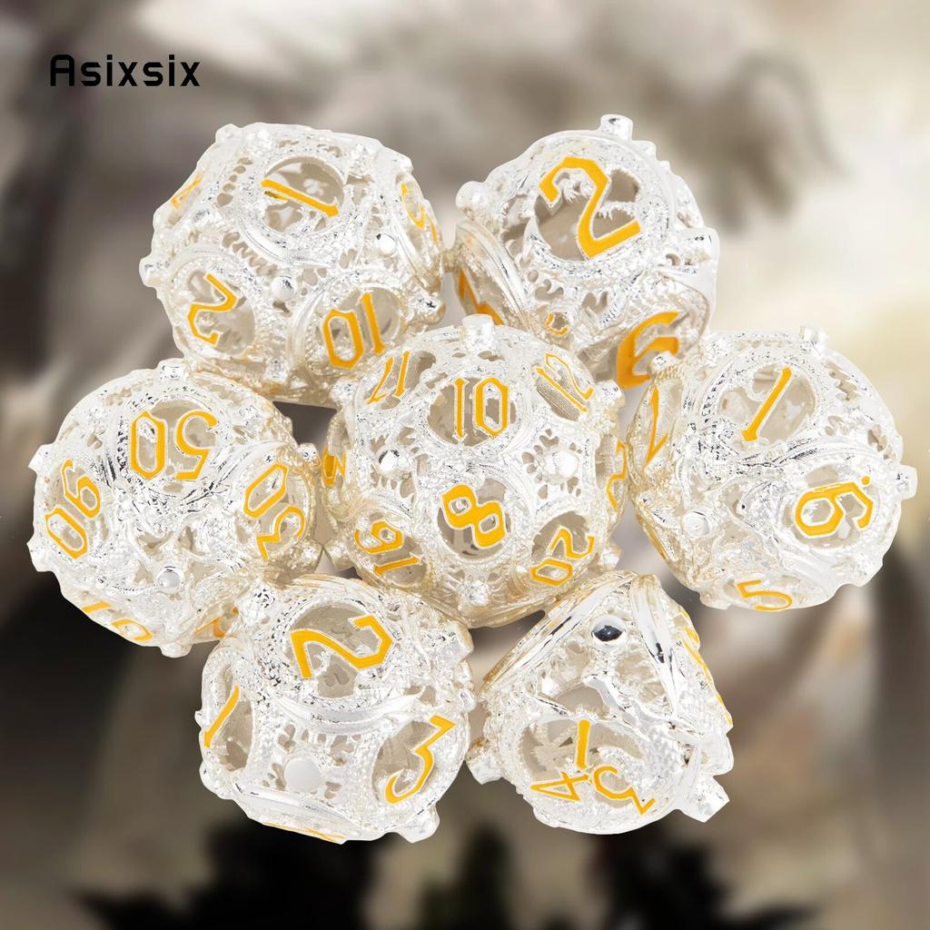 7 Pcs White Yellow Circular Dragon Metal Dice Hollow Metal Polyhedral Dice Set Suitable for Role-Playing RPG Game Card Game