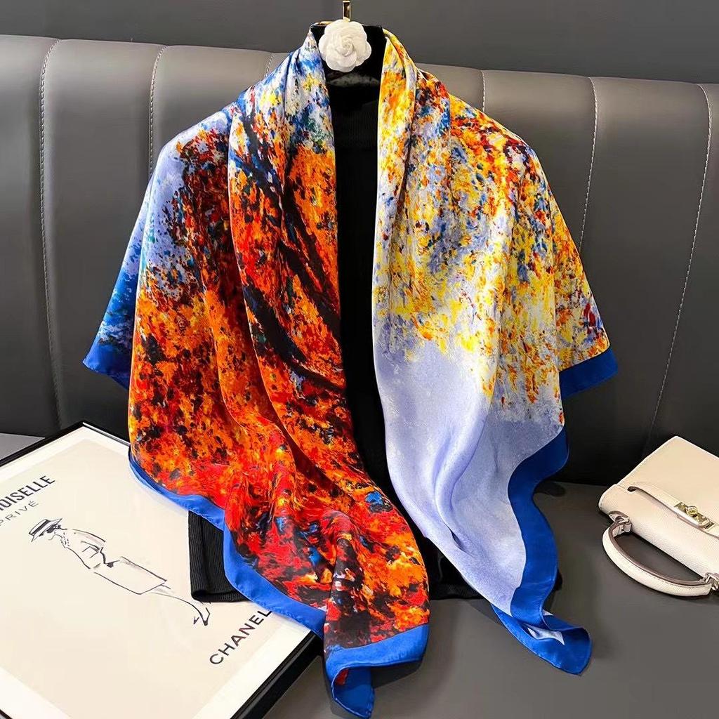 110cm Versatile Women’s Imitation Silk Scarf - Large, Printed, Decorative, Sunscreen Shawl