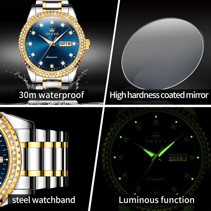 OLEVS Men's Watch Luxury Brand Diamond Automatic Mechanical Watch Stainless Steel Waterproof Calendar Business Men's Watch