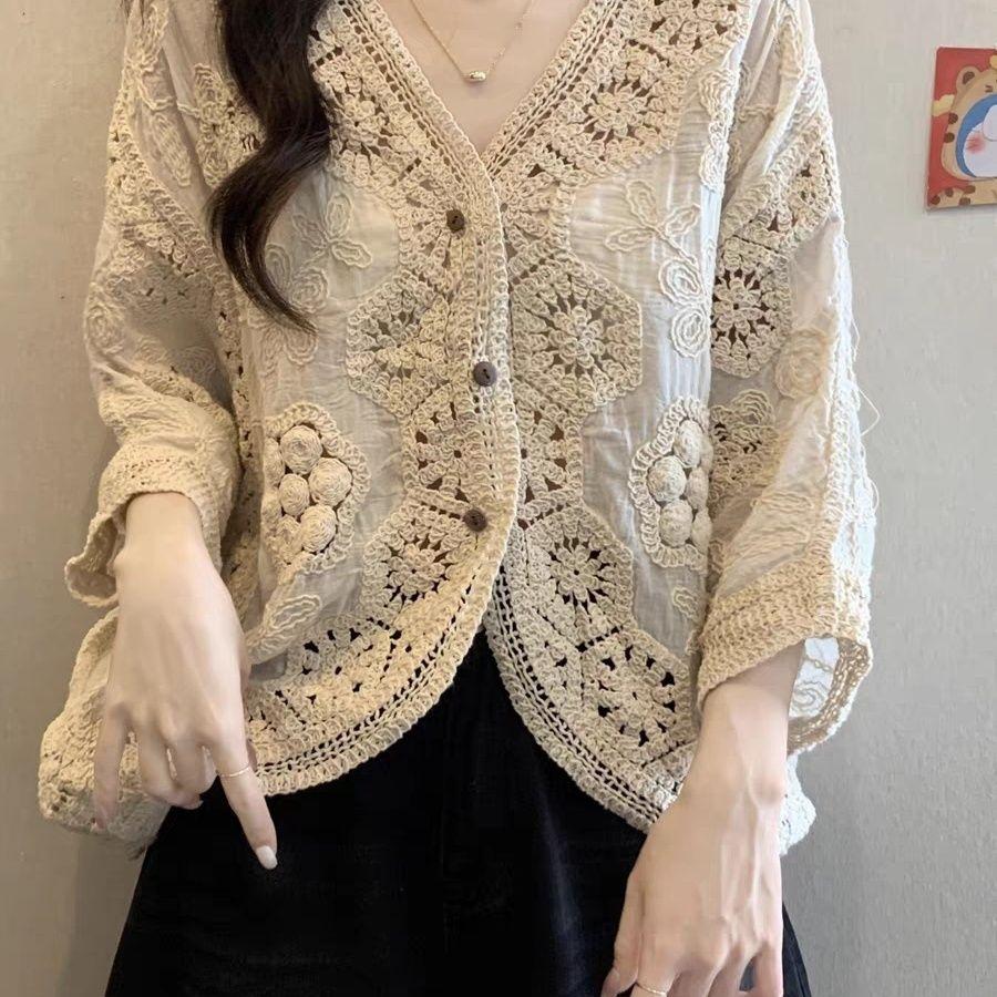 Bohemian Women's Crochet Hollow Lace Cardigan Top Summer Loose Plus Size Sun Protection Cardigan