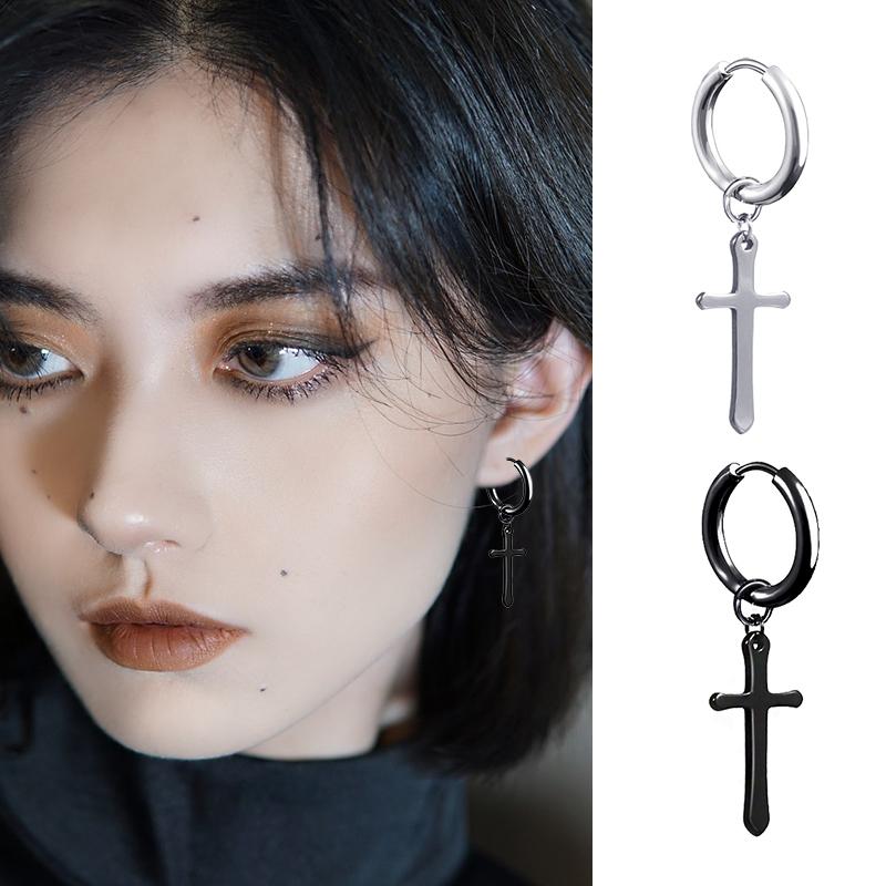 2PC Punk Stainless Steel Small Hoop Earrings for Men and Women Gothic Cross Ear Ring Pop Hip Hop Piercing Ear Studs Zircon