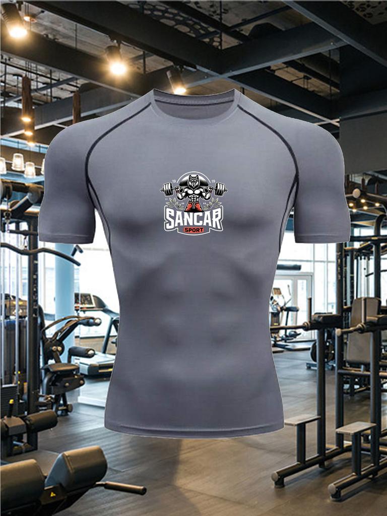 Mens White Compression Short Sleeve T-Shirt Dumbbell S.W.O.A.R Graphic Slim Fit Gym Workout And Running Athletic Top