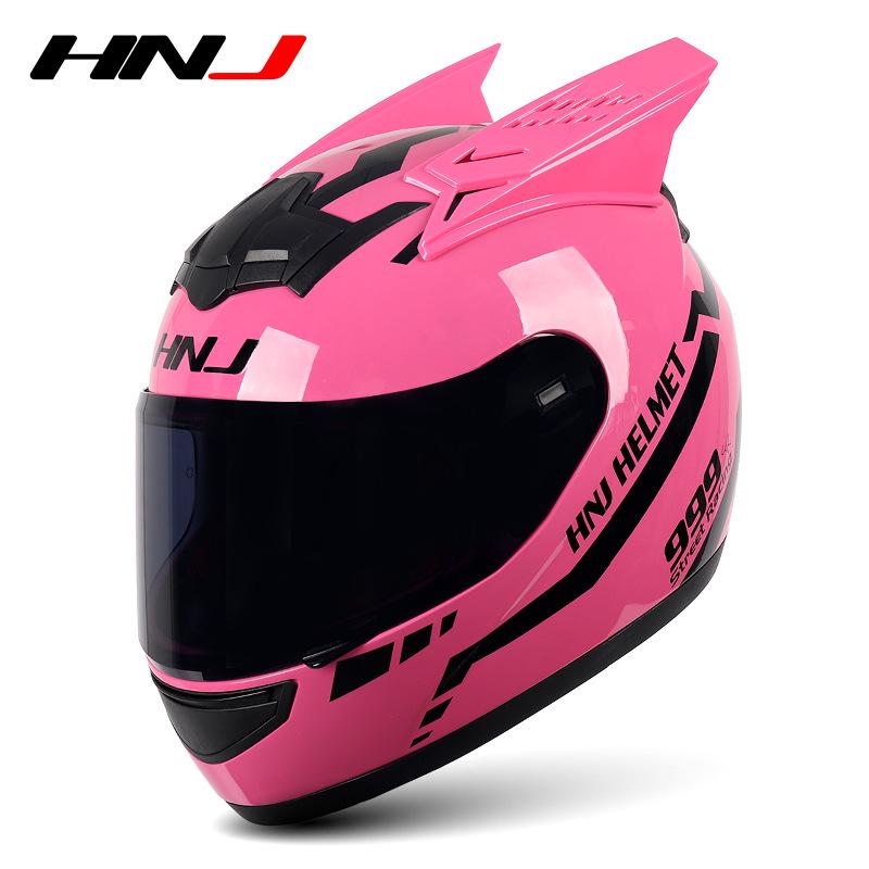 HNJ Unisex Full-Face Summer Motorcycle Helmet with Gray Riding Horns - Stylish and Safe for Racing