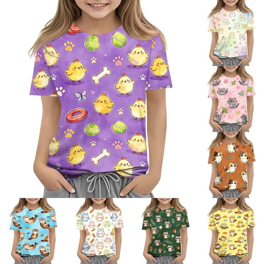 Kids Animal Print Crew Neck Short Sleeve Casual Loose Fit T Shirt Comfortable Lightweight Soft Fabric Suitable for Everyday Wear