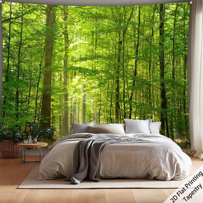 Polyester Wall Tapestry with Green Forest Design, Digital Printing, Suitable for Use In Living Rooms, Bedrooms, Offices, Bars and Parties.