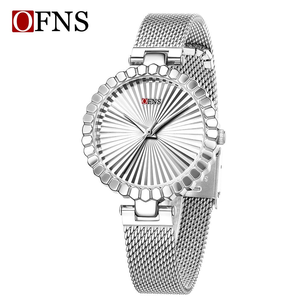 Oufanni Women's Sunburst Quartz Watch with Cowhide Strap – Waterproof, Fan-Shaped Versatile Design, Model 1643.